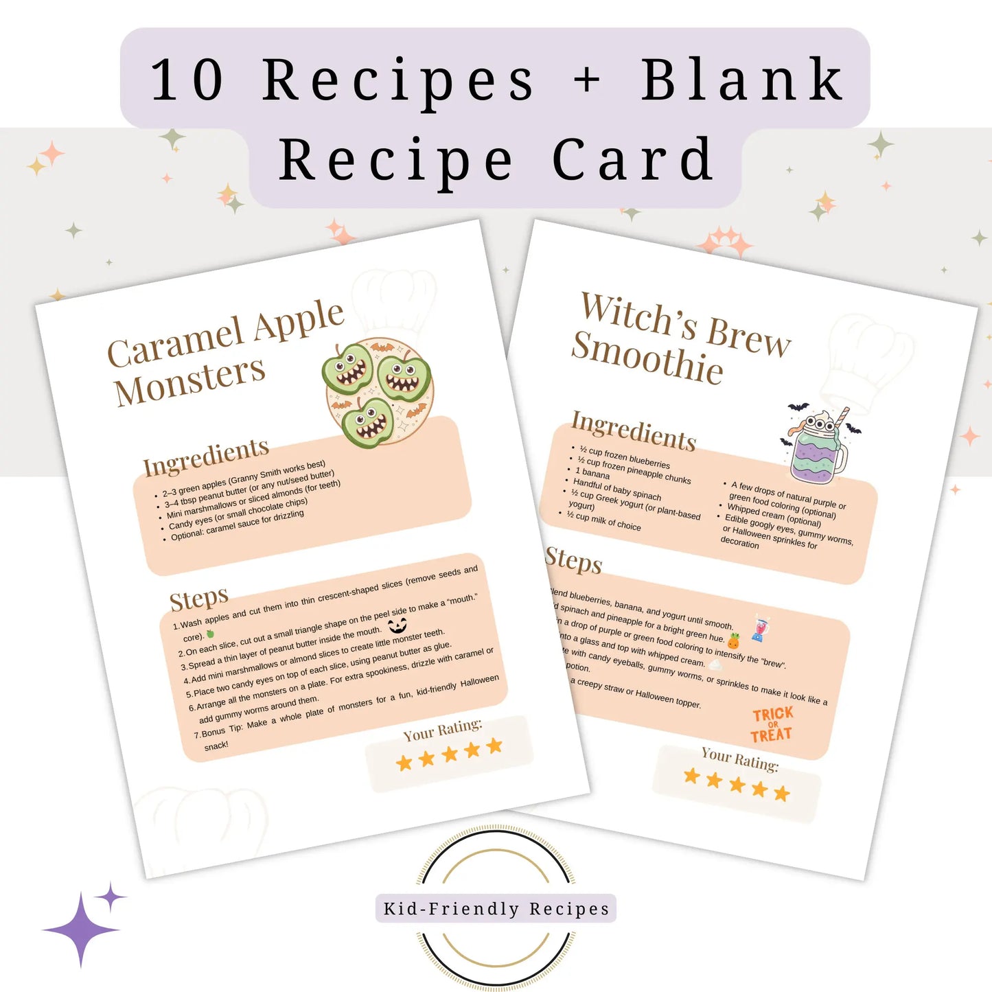 Two recipe cards titled 'Caramel Apple Monsters' and 'Witch's Brew Smoothie' on a white background with decorative elements.