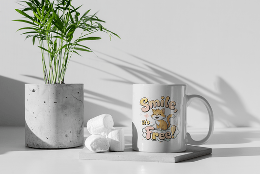White mug with a playful “Smile, it’s Free!” cat design, placed on a ceramic coaster next to marshmallows and a concrete plant pot in a sunlit minimalist setting.