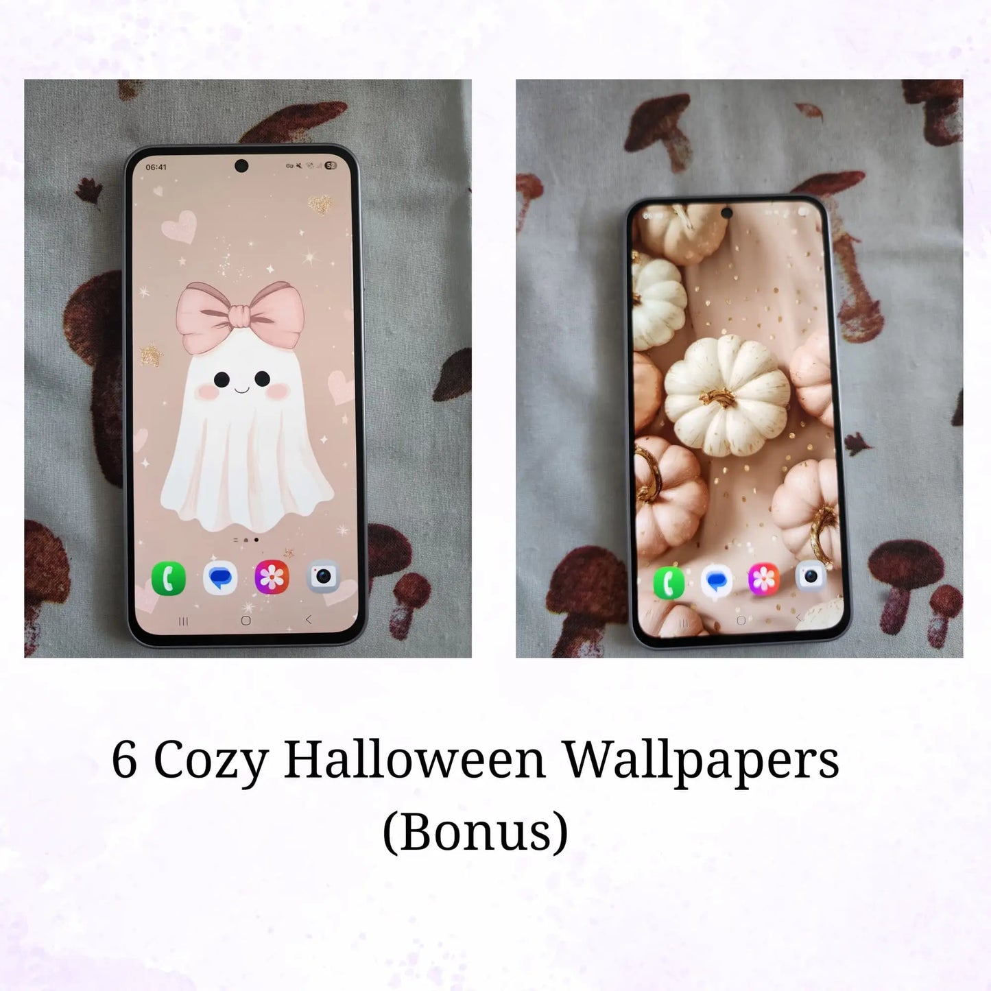 Two smartphone screens displaying Halloween-themed wallpapers with a ghost and pumpkins on a patterned background.