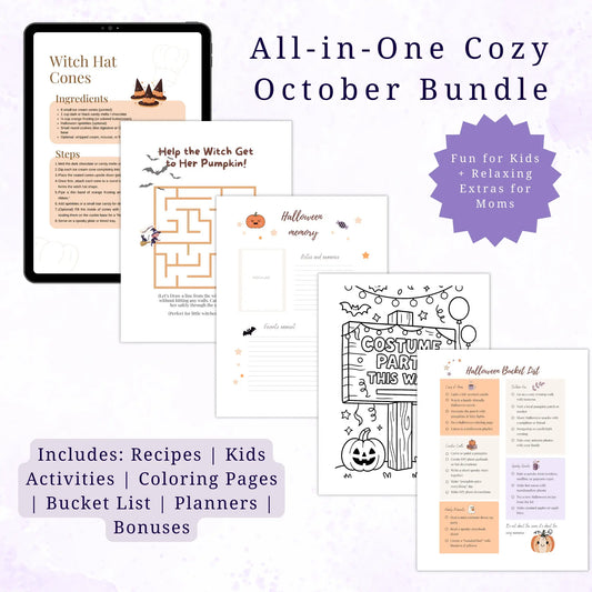 All-in-One Cozy October Bundle with Halloween-themed activities and recipes on a white background.