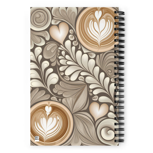 Coffee-themed spiral notebook with latte art hearts and leaves in neutral tones, shown upright on a white background for full design visibility-back of the notebook