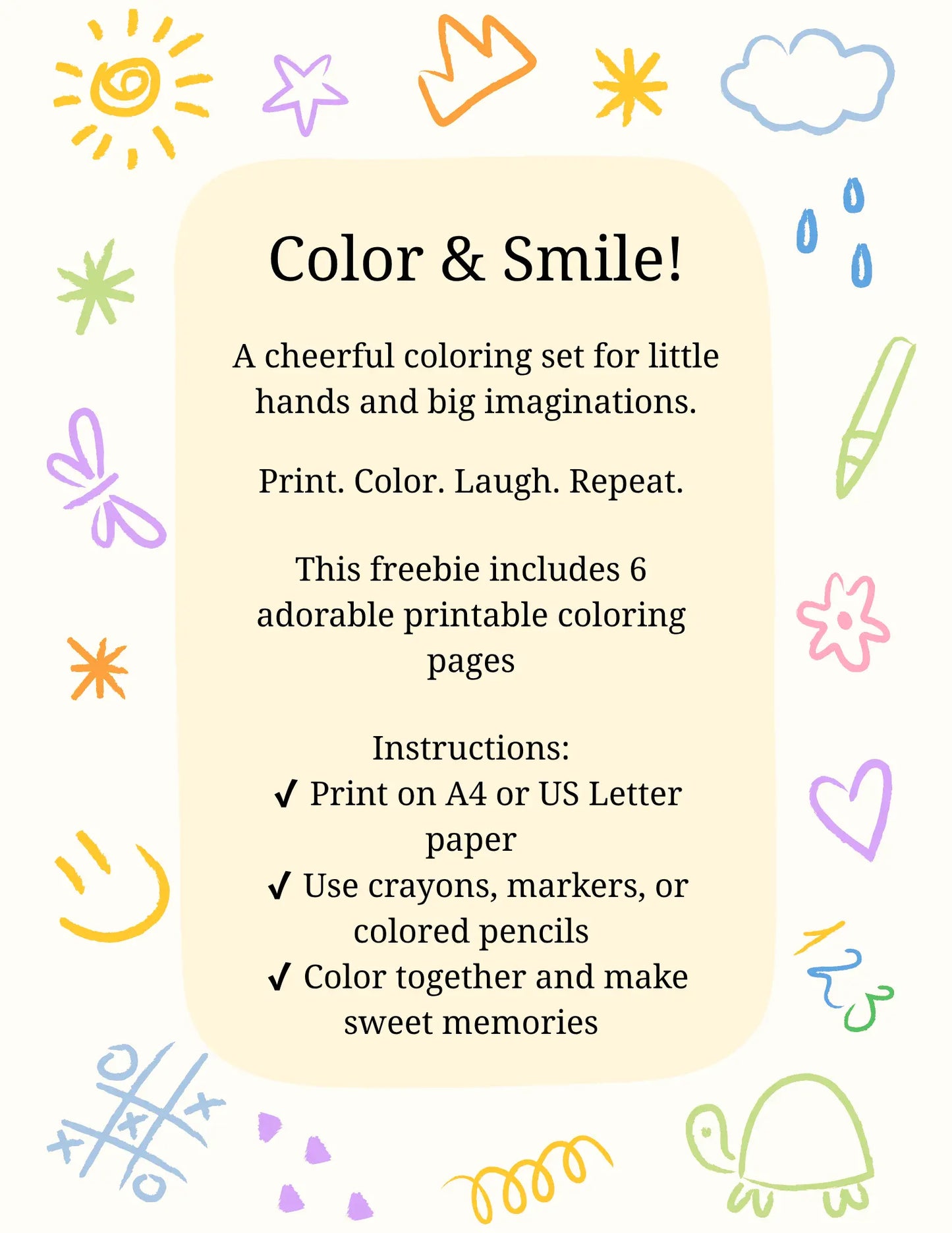 Introductory page of the “Color & Smile” coloring set with pastel doodles, highlighting what's included and how to use the printable.