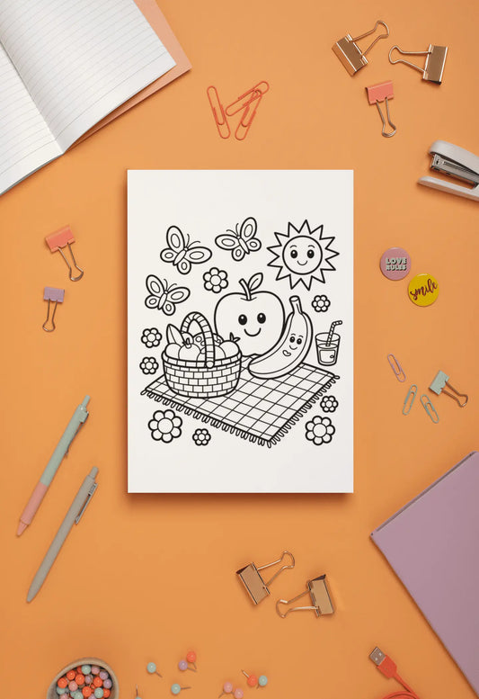 Coloring book page with a picnic scene on an orange background with stationery items.