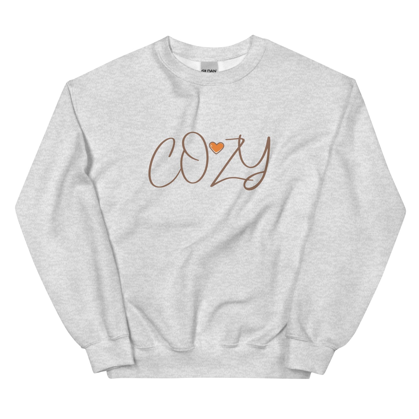 Gray sweatshirt with 'COZY' text and heart design on a white background