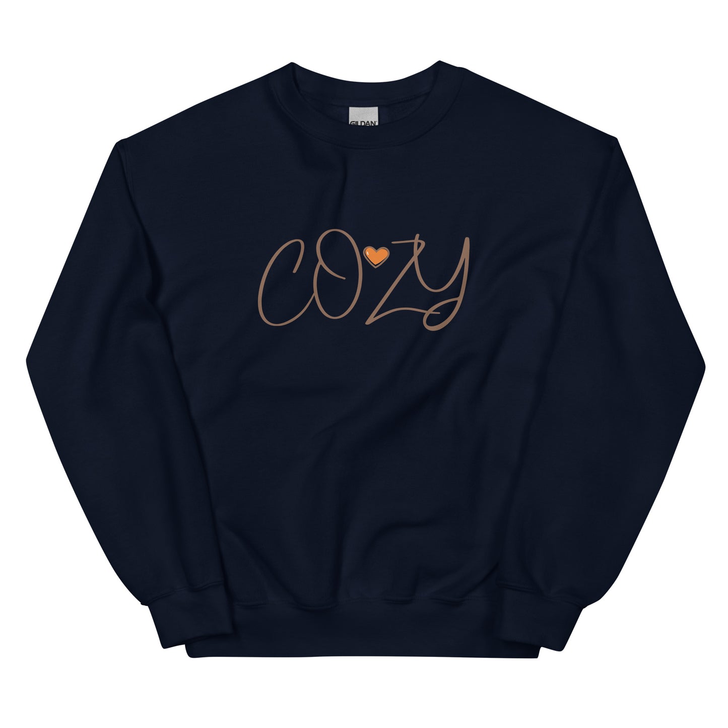 Navy blue sweatshirt with 'COZY' text on a white background