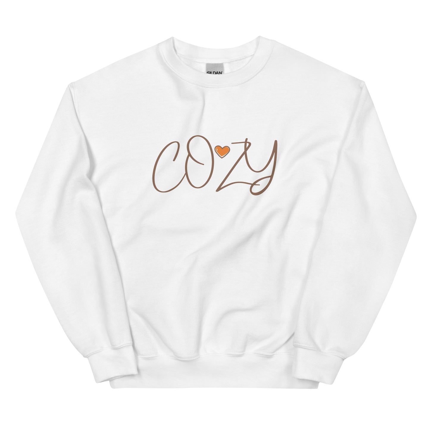 White sweatshirt with 'COZY' text and heart design on a white background