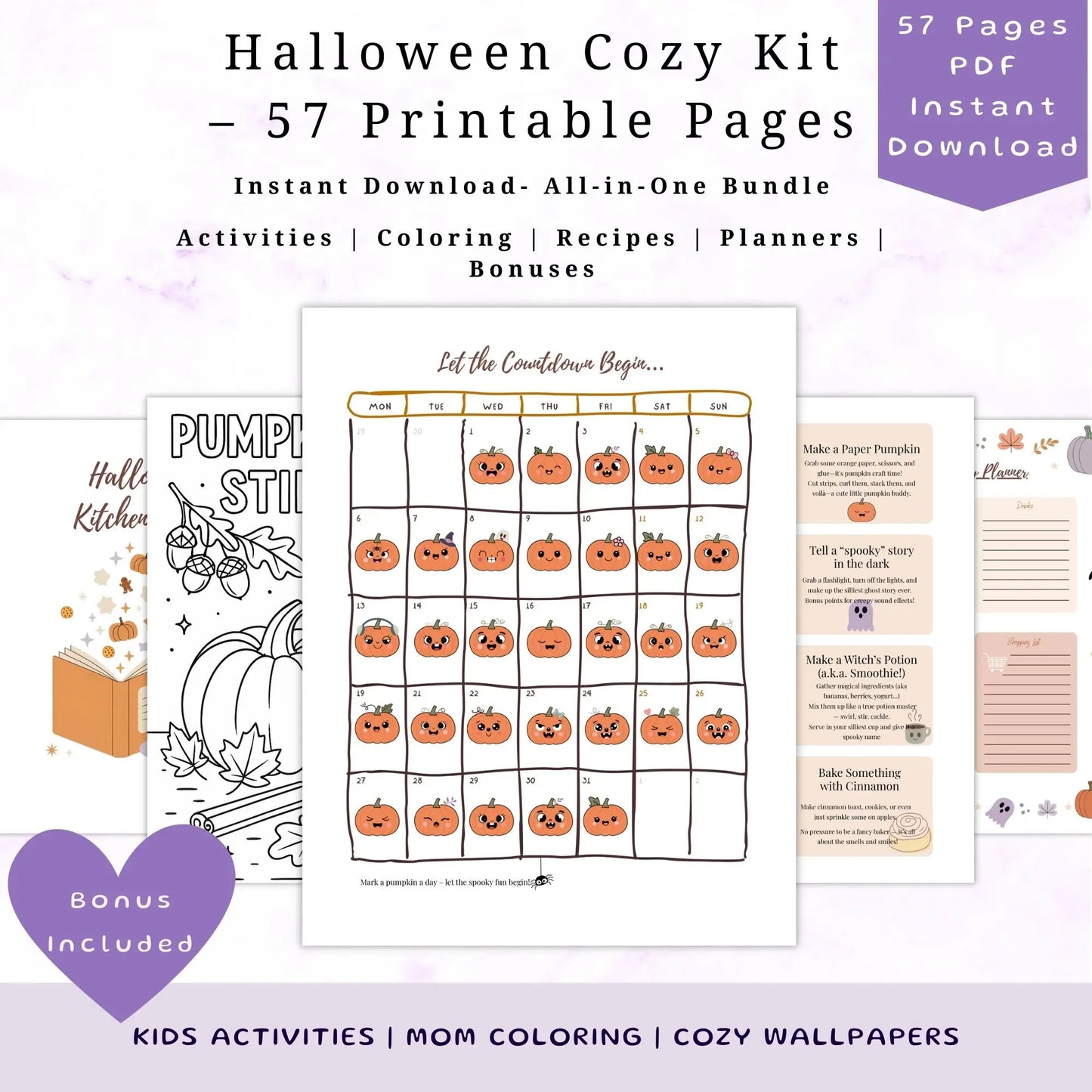 Halloween Cozy Kit with printable pages for kids activities, coloring, and recipes on a white background.