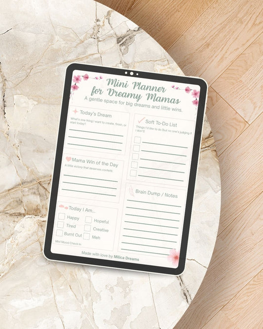 Digital tablet mockup of free Mini Planner for Dreamy Mamas – cozy pastel printable for moms to use with stylus
