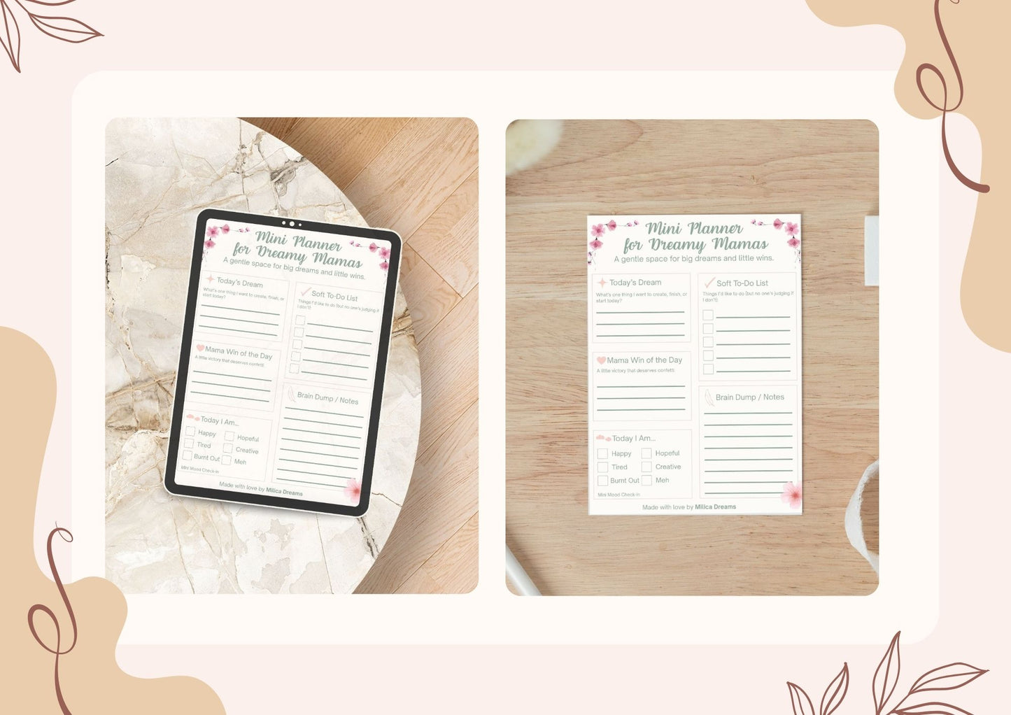 Side-by-side mockup of the Mini Planner for Dreamy Mamas – digital tablet version on a marble table and printable paper version on wood desk, styled with cozy feminine elements
