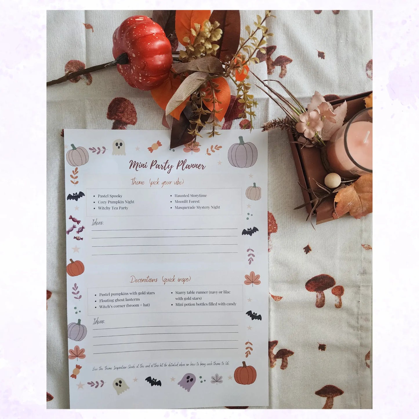 Mini party planner sheet with Halloween-themed decorations on a white surface.