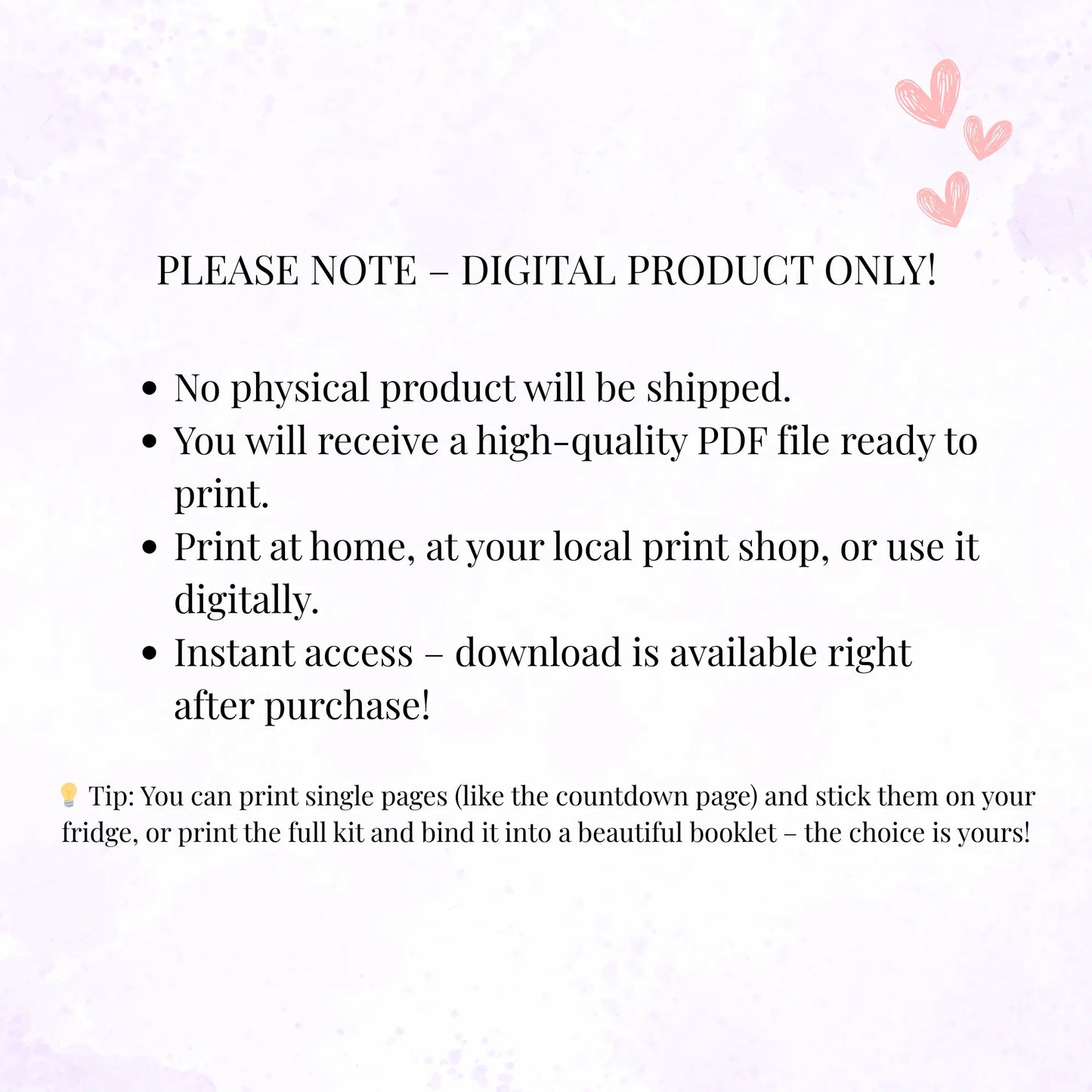 Text explaining that it's a digital product only no shipping with a light pink background and heart shapes.