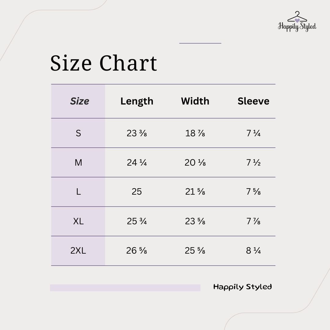 Measurement guide for Happily Styled t-shirts – minimalist pastel graphic showing how to measure shirt length and width using a tape measure, with arrows pointing to collar-to-hem and seam-to-seam areas. Light beige background with lavender accents.