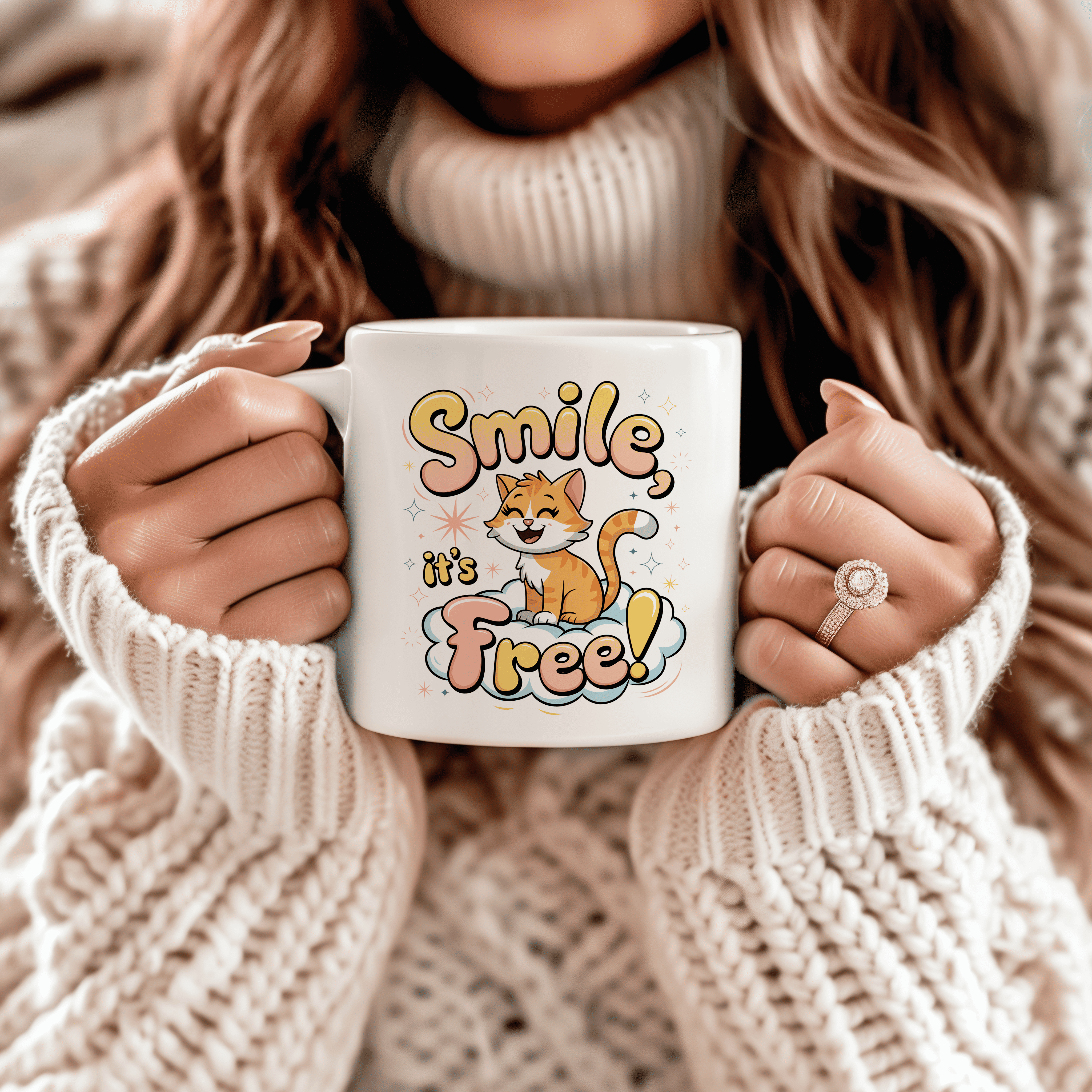 Woman in cozy sweater holding a coffee mug with a cute cat and the phrase “Smile it's free” – a fun and uplifting mom life mug for a cheerful morning start.