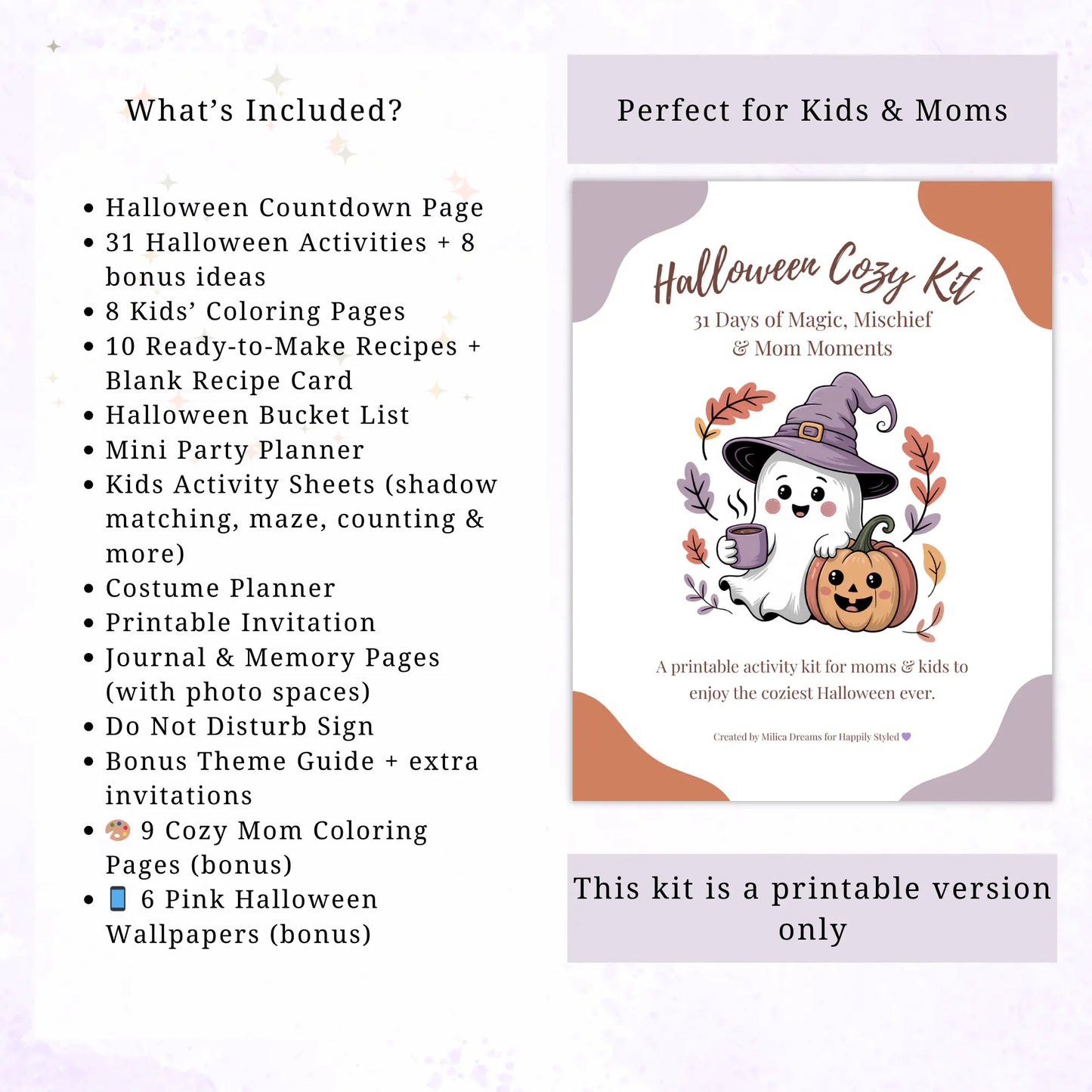 Halloween Cozy Kit with a ghost in a witch hat and pumpkin design, featuring text about included items.