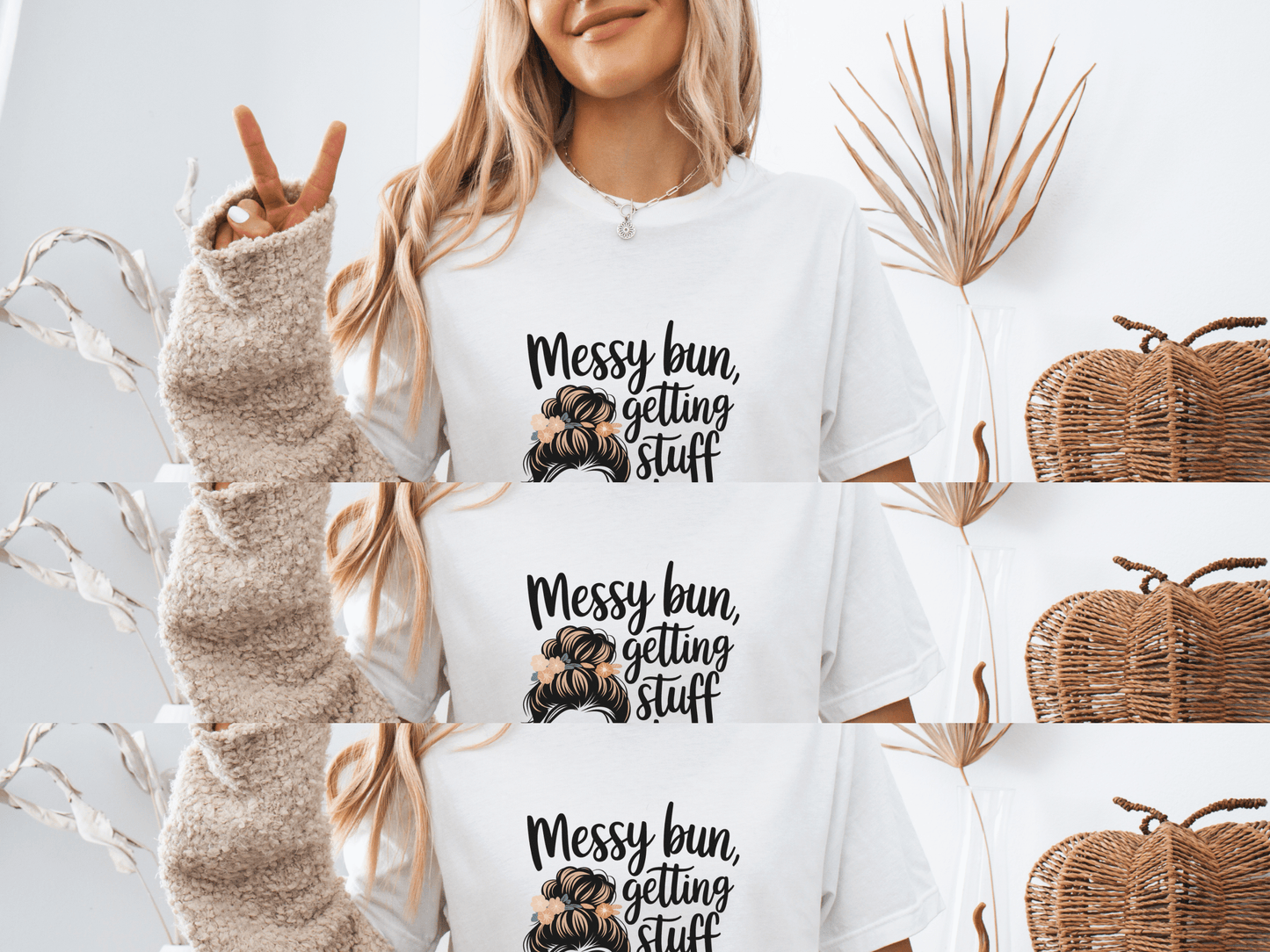 Woman wearing a “Messy Bun, Getting Stuff Done” t-shirt, posing casually on a bed – funny and comfy tee for busy moms.