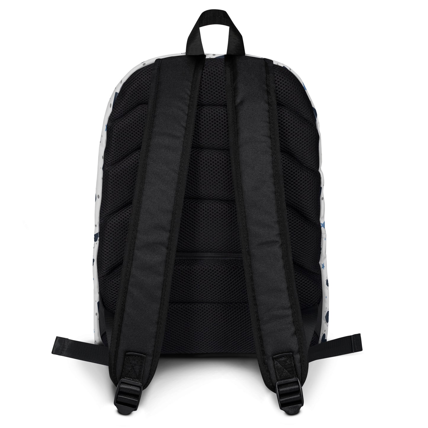 White backpack with all-over navy heart and star pattern-back of the backpack