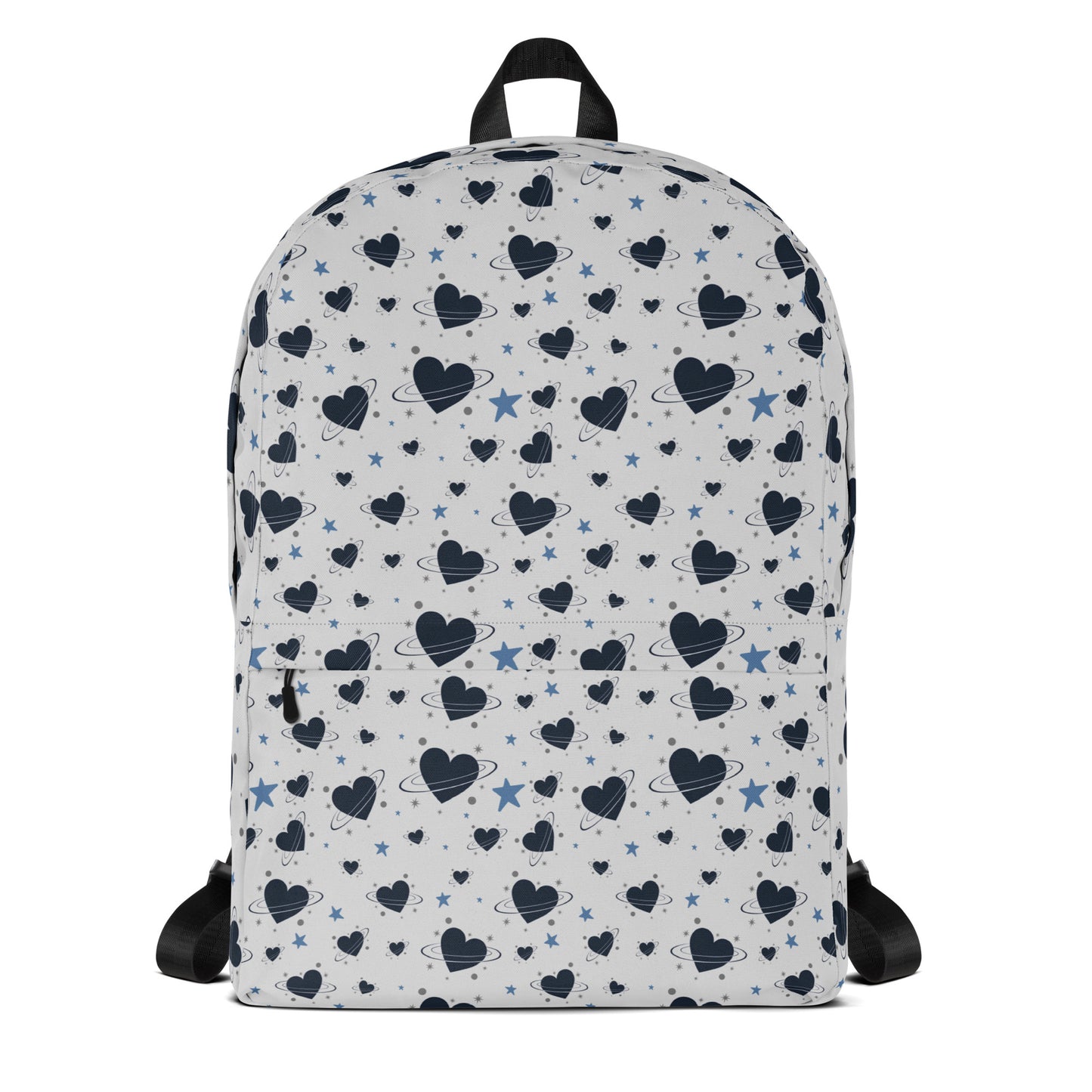 White backpack with all-over navy heart and star pattern, front pocket and visible inside pocket label