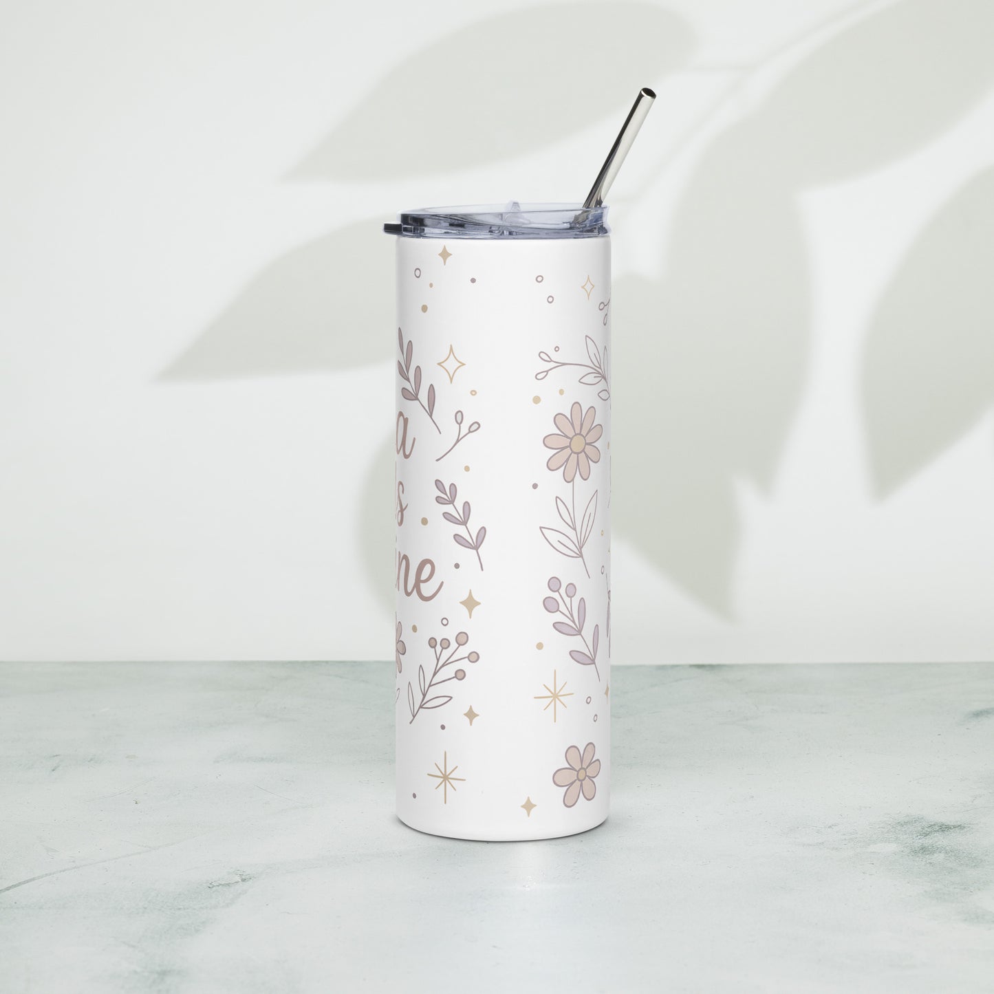 Back view of white floral tumbler with pastel design and summer theme, perfect for moms on the go