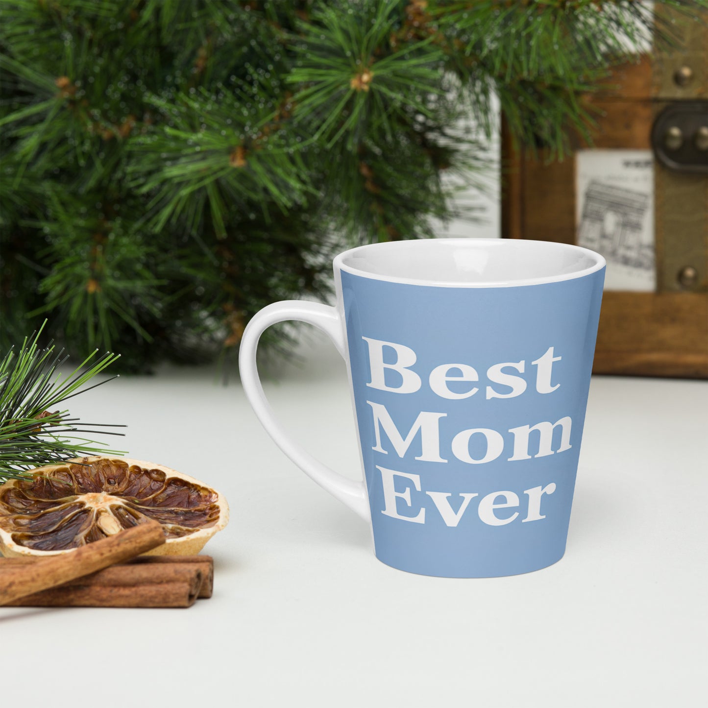 Elegant blue latte mug with text Best Mom Ever - left side – christmas background