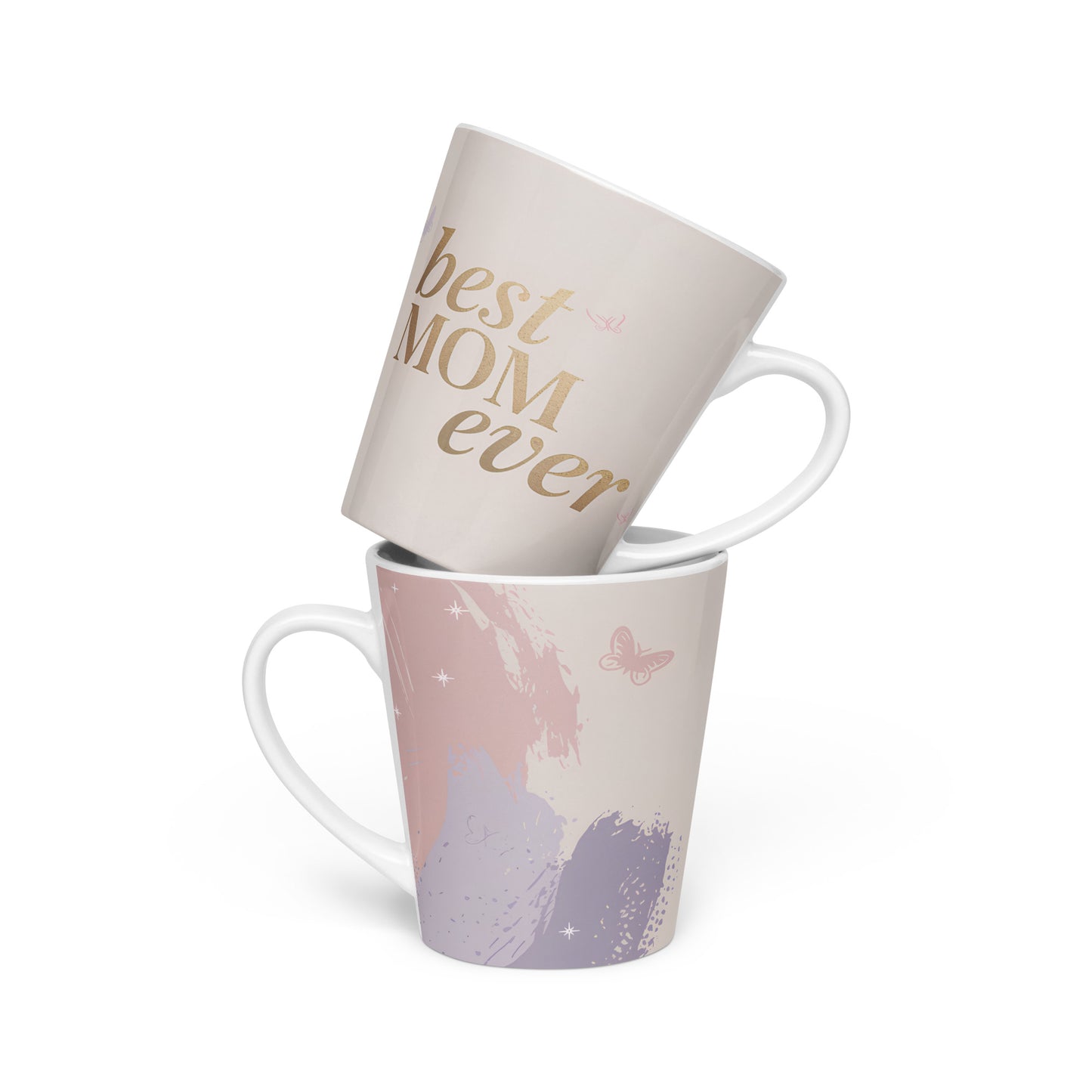Two Best Mom Ever latte mugs stacked – soft pastel butterfly design