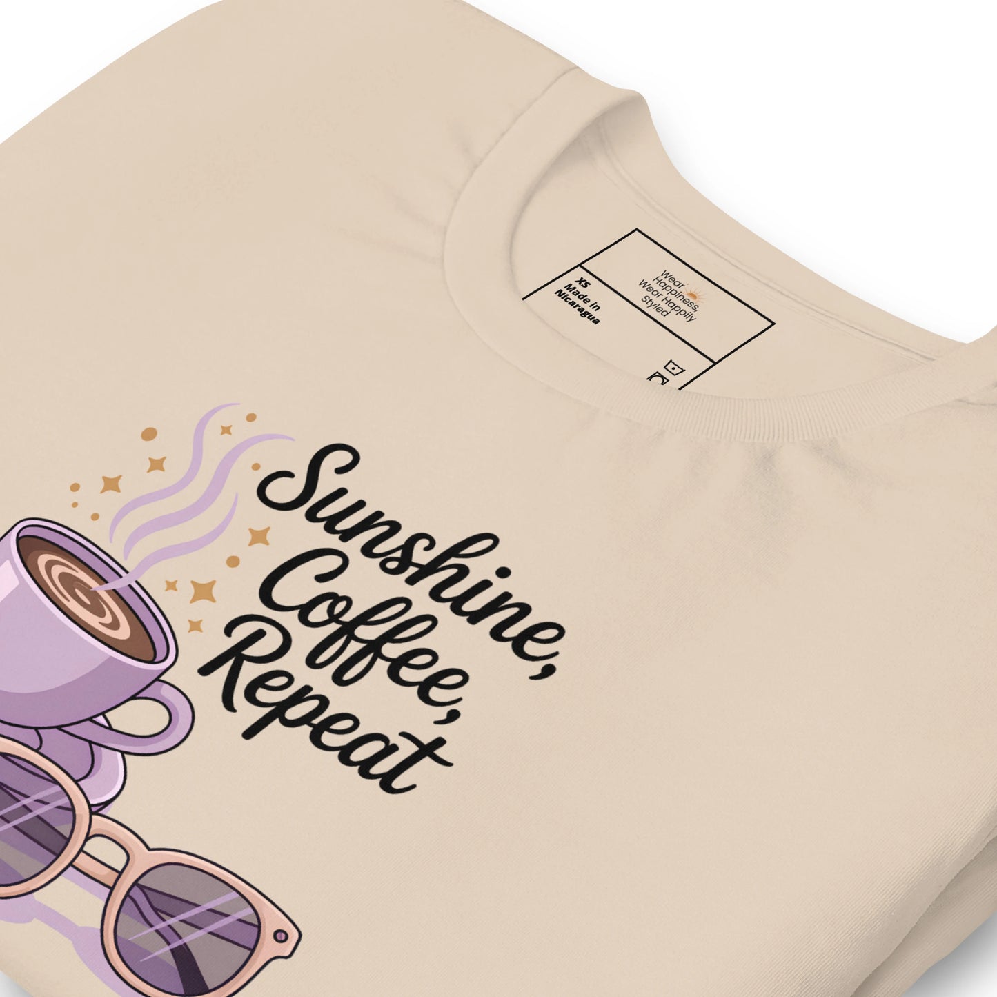 Zoomed view of summer t-shirt with lilac coffee mug, flower and retro sunglasses – perfect pastel quote tee for coffee-loving moms