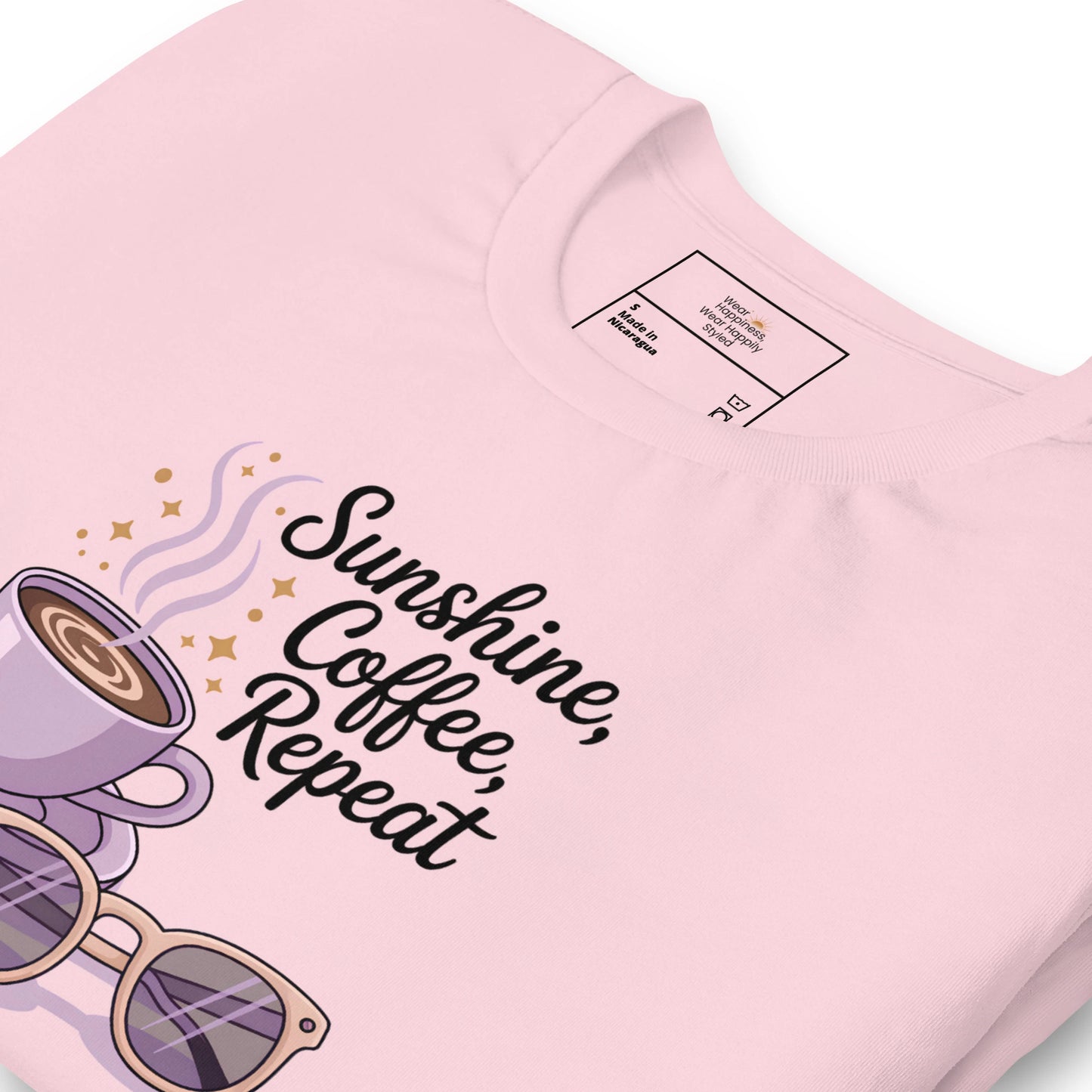 Zoomed view of pink summer t-shirt with lilac coffee mug, flower and retro sunglasses – perfect pastel quote tee for coffee-loving moms