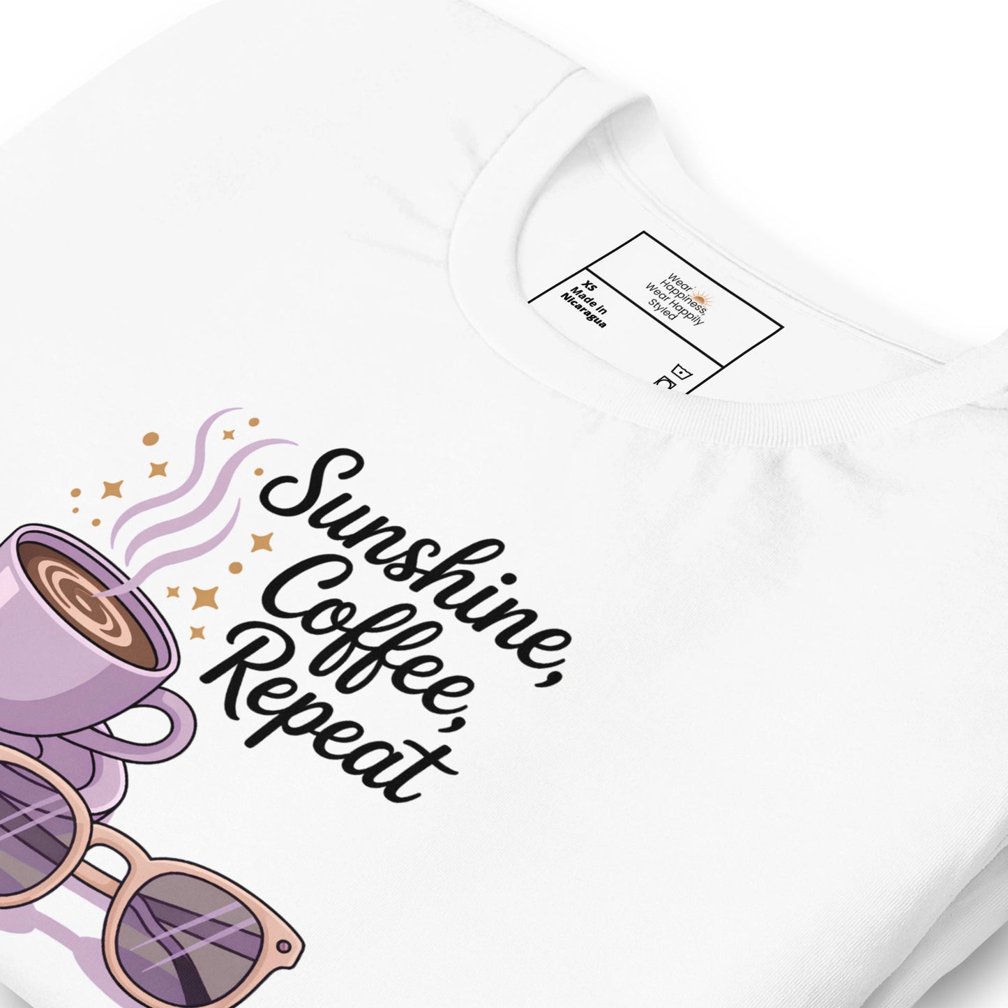 Zoomed view of white summer t-shirt with lilac coffee mug, flower and retro sunglasses – perfect pastel quote tee for coffee-loving moms