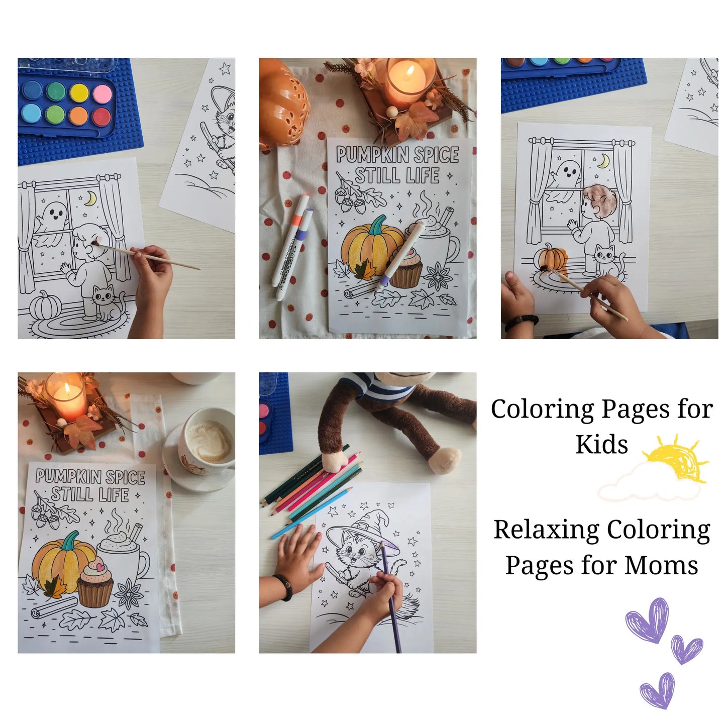 Coloring pages with pumpkins, candles, and other autumn-themed illustrations on a white background.