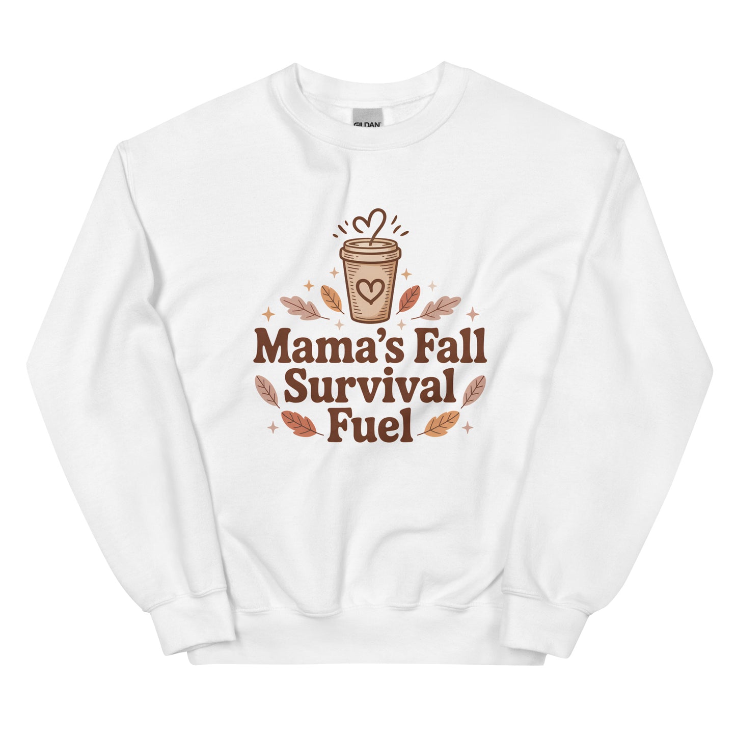 White sweatshirt with 'Mama's Fall Survival Fuel' text and coffee cup graphic on a white background