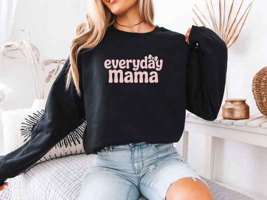 Everyday Mama pink bow sweatshirt in black — cute cozy mom life crewneck mockup