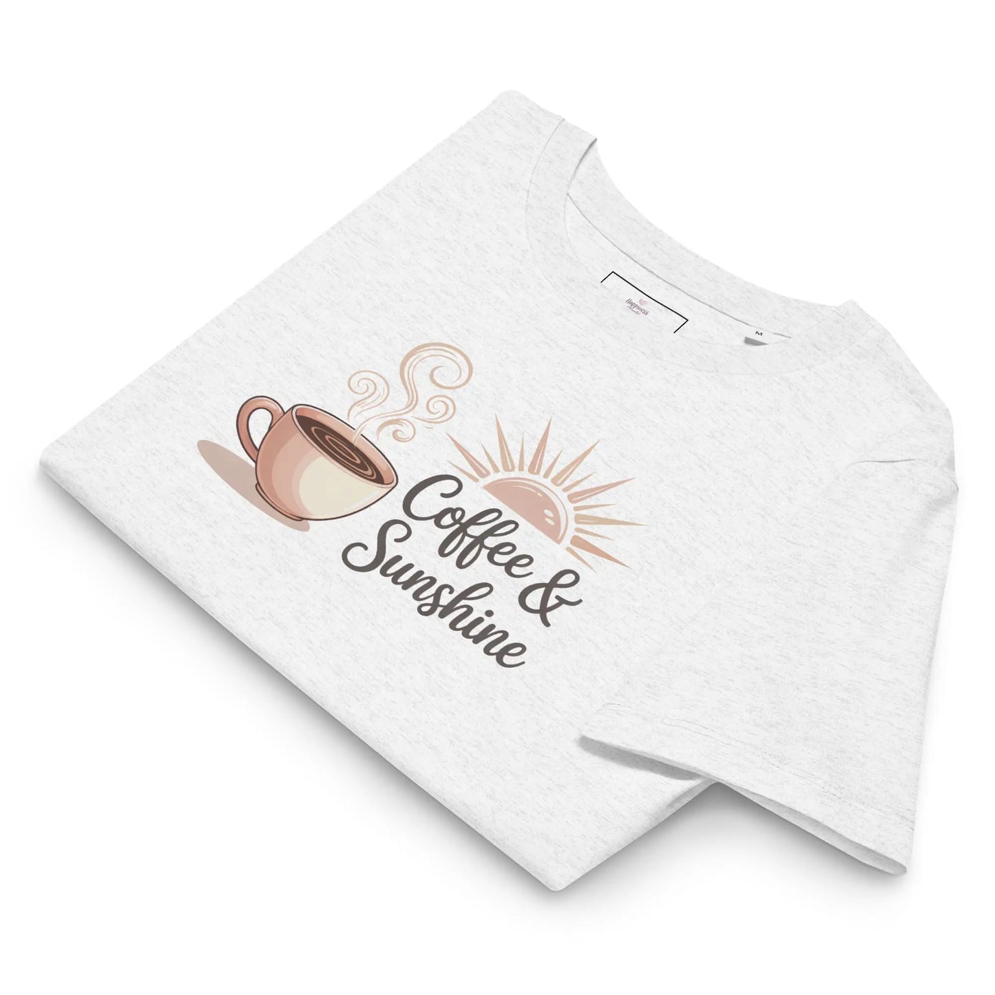 Flatlay of heather grey mom t-shirt with coffee cup and sun graphic. Organic cotton summer tee for moms.