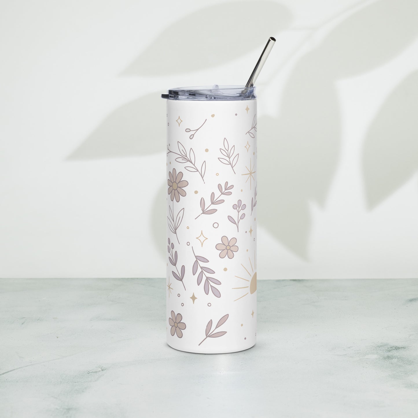 Right side view of floral summer tumbler with pastel doodles and sun illustration, designed for moms