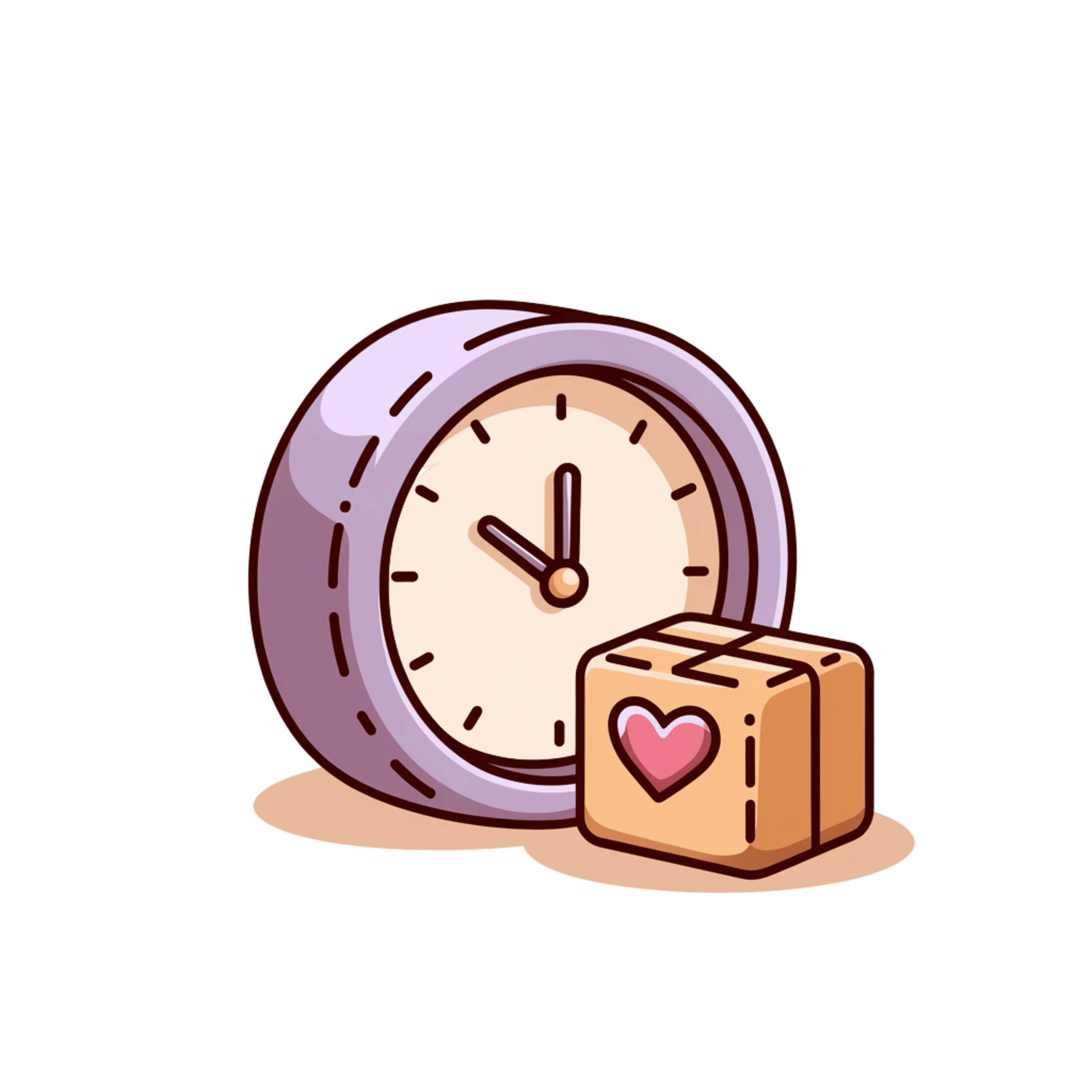 Cute icon showing a clock and a package with a heart symbol, representing free and fast shipping