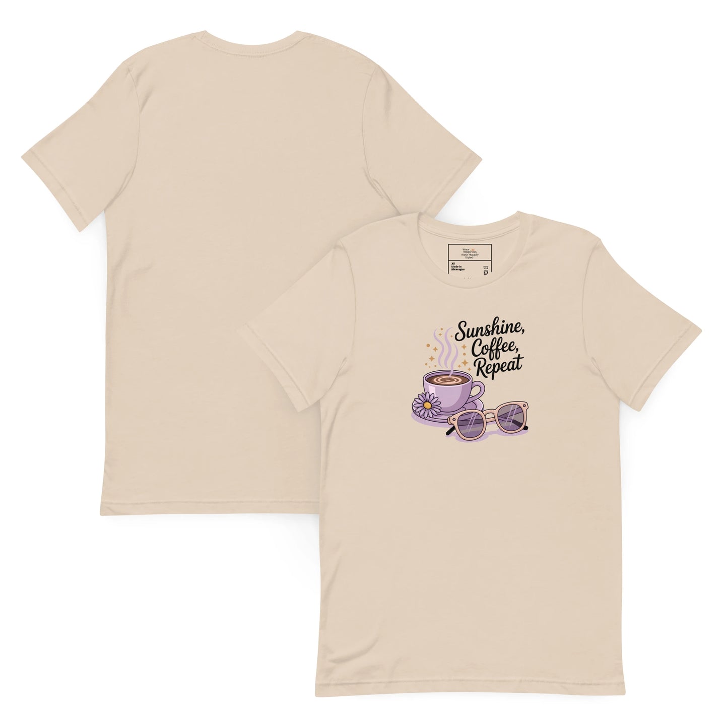 Front and back view of summer cream color t-shirt featuring whimsical pastel coffee and glasses design for moms who love sunny vibes