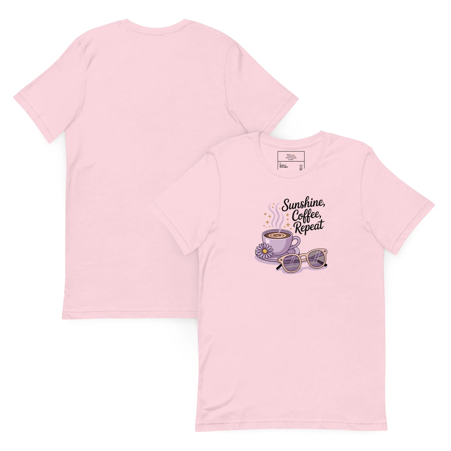 Front and back view of summer pink color t-shirt featuring whimsical pastel coffee and glasses design for moms who love sunny vibes