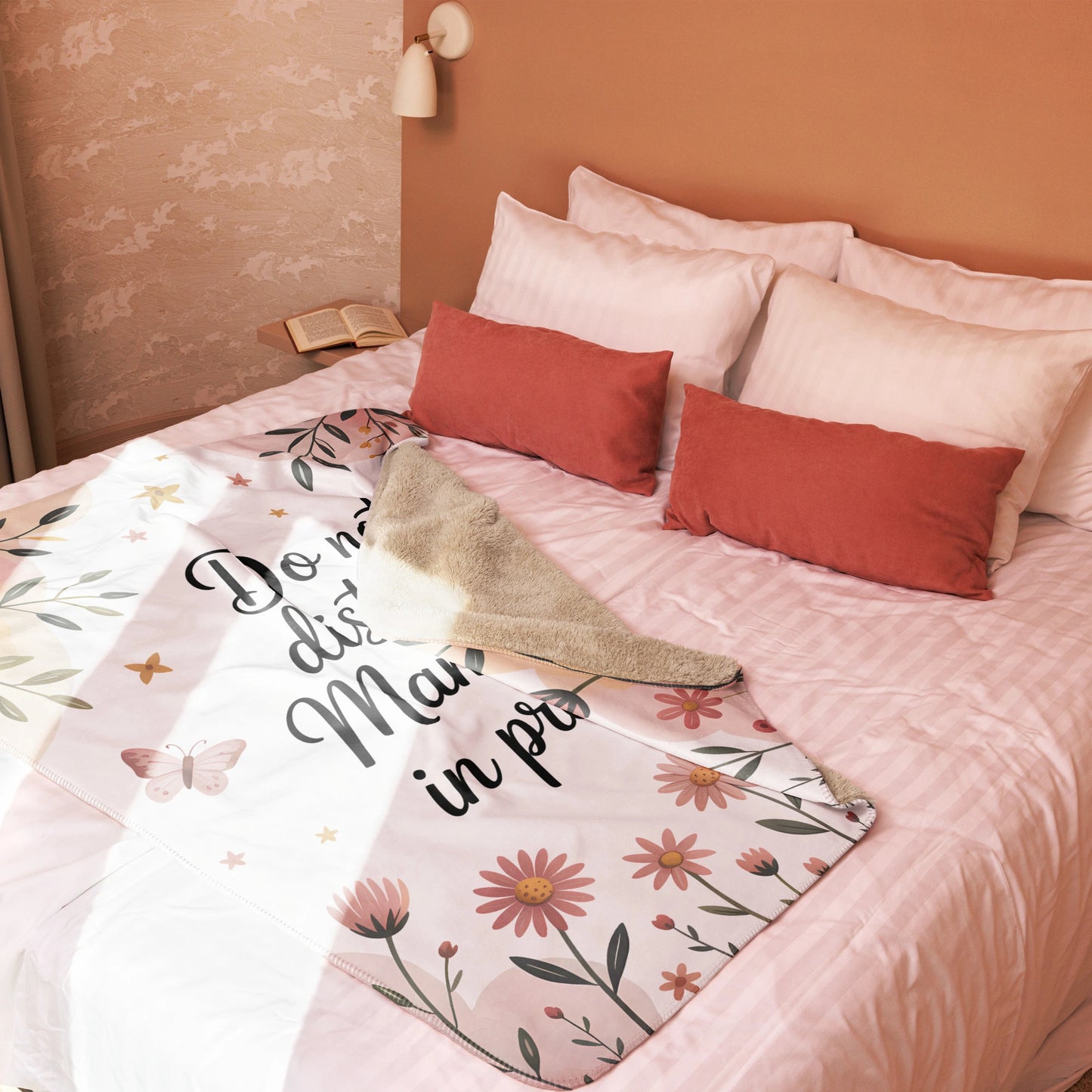 “Mama nap in progress” blanket on blush-toned bed, cozy pastel floral decor style-medium blanket.
