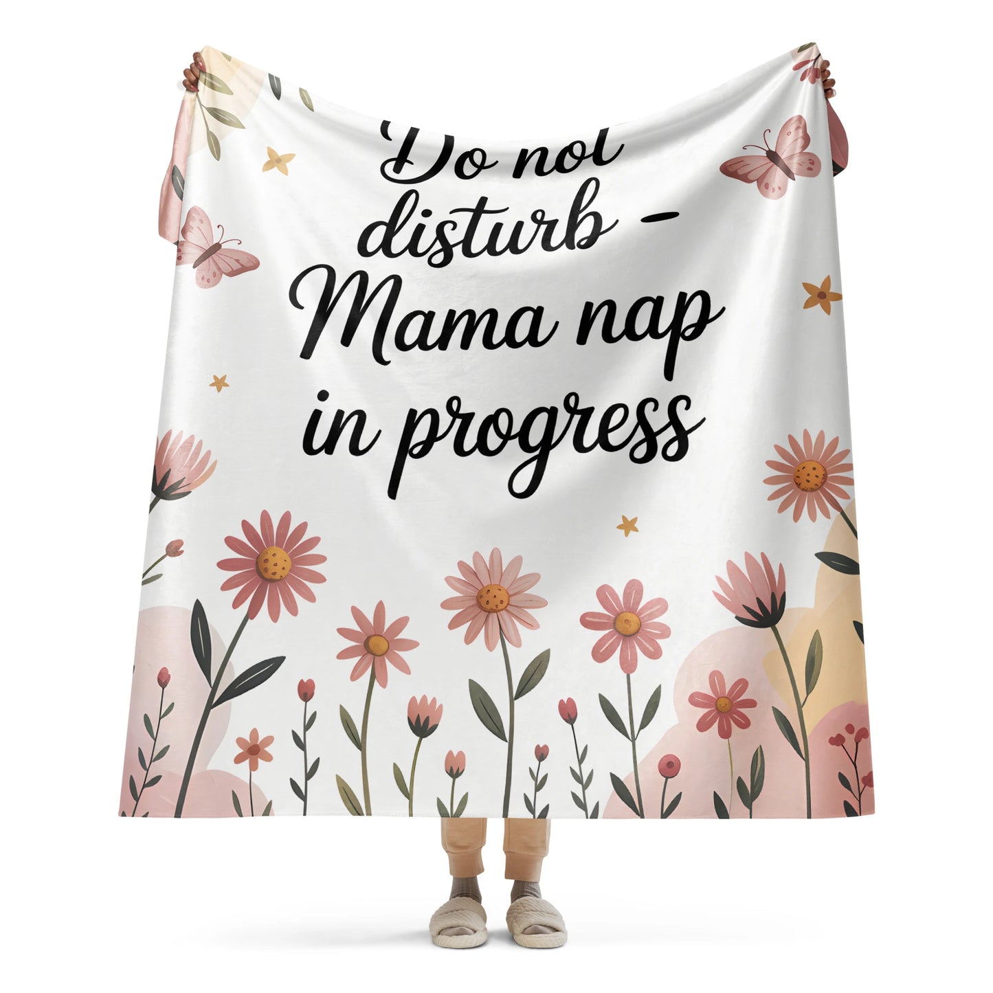 Funny mom sherpa blanket with quote “Do not disturb – Mama nap in progress”, pastel floral design, shown front-facing-large blanket.