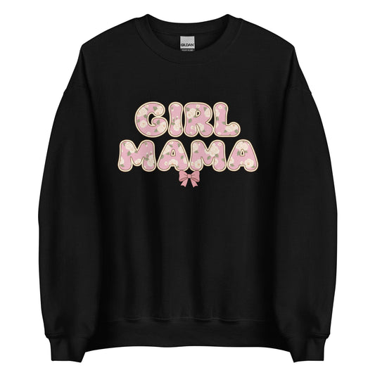 Black sweatshirt with 'Girl Mama' text in pink floral letters on a white background