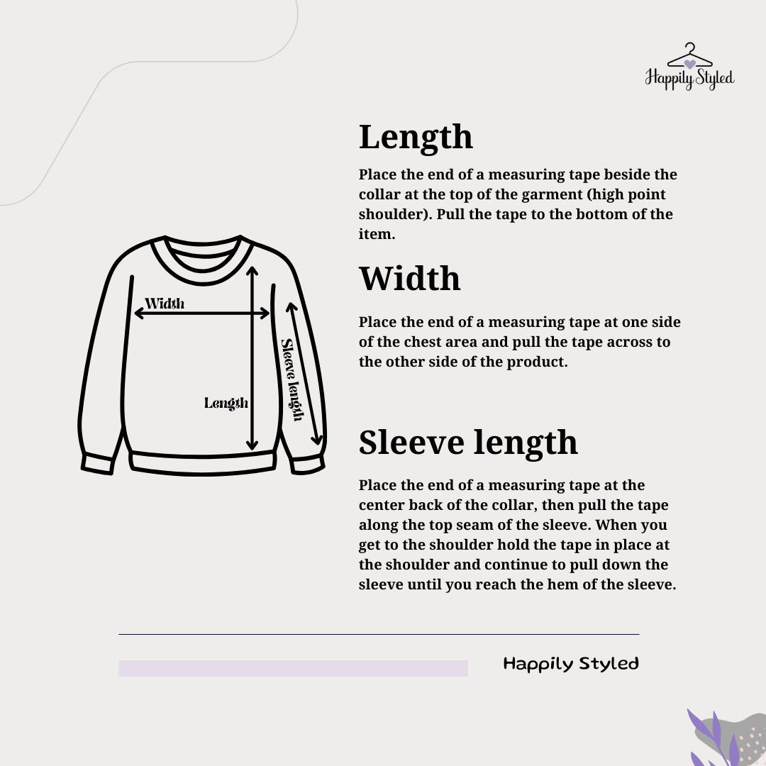 Measurement guide for sweatshirt length, width, and sleeve length with illustration