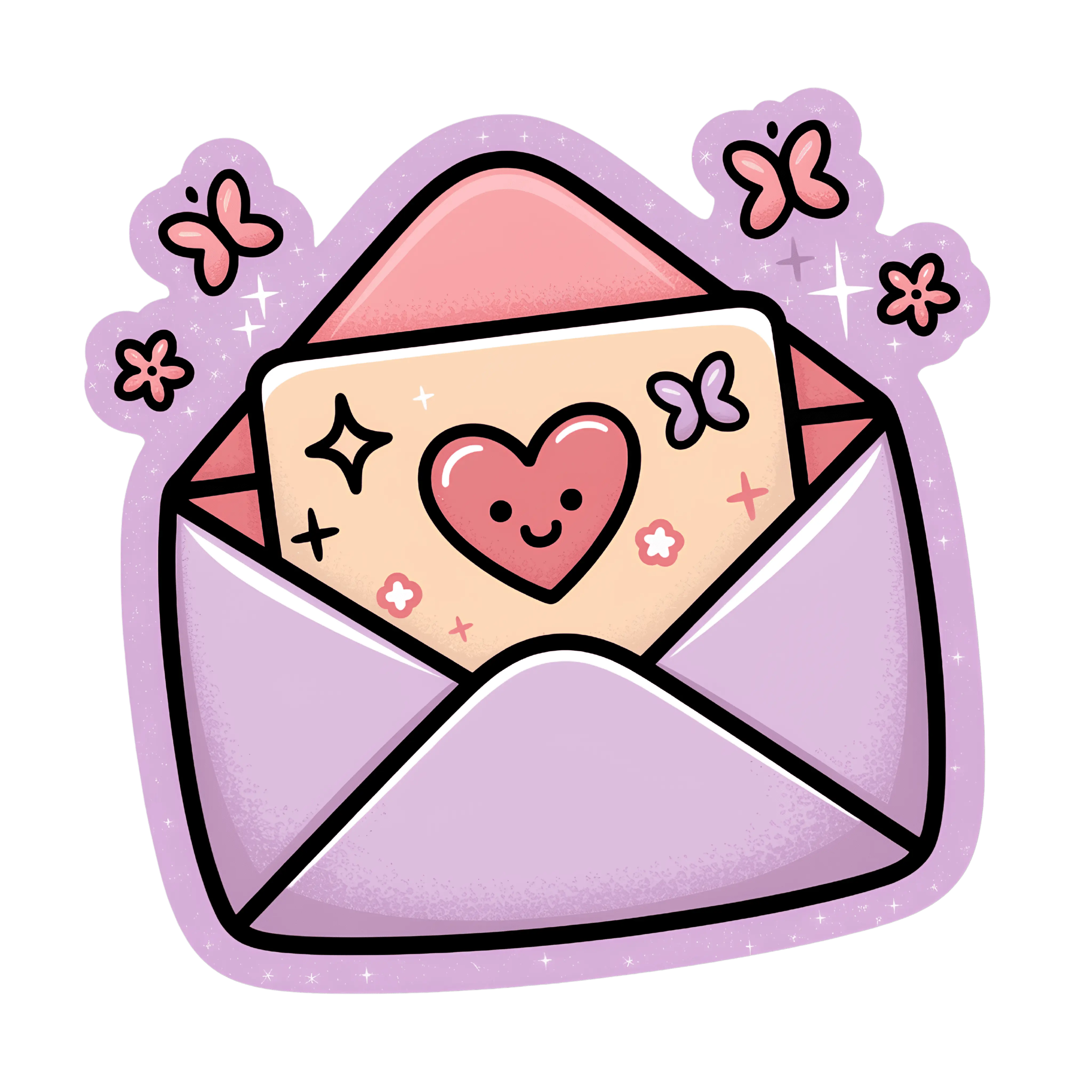 Cute illustration of a purple envelope with a smiling letter, butterflies, and sparkles, representing joining a mailing list