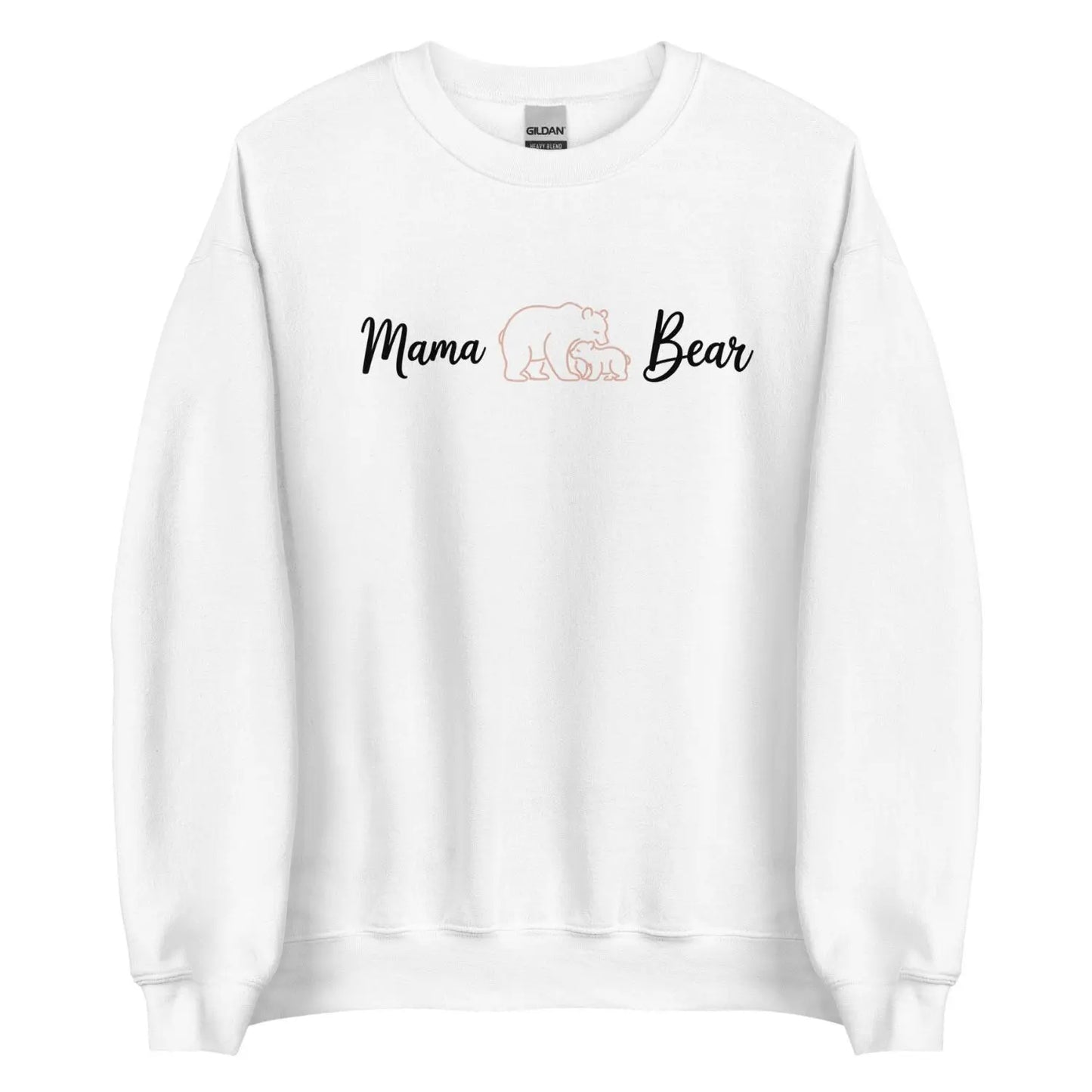 White sweatshirt with 'Mama Bear' text and graphic on a white background