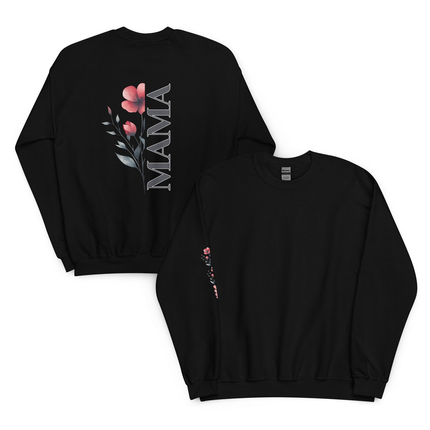Black unisex sweatshirt with vertical 'MAMA' floral design on the back and matching sleeve detail