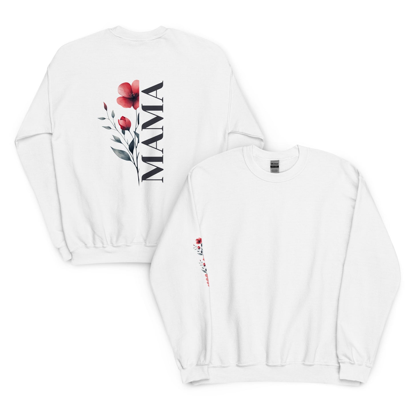 White unisex sweatshirt with vertical 'MAMA' floral design on the back and matching sleeve detail