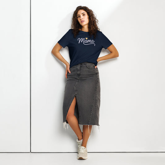 Woman wearing navy blue t-shirt with “Mama” script and sun icon, styled with a denim skirt – minimalist summer mom shirt mockup