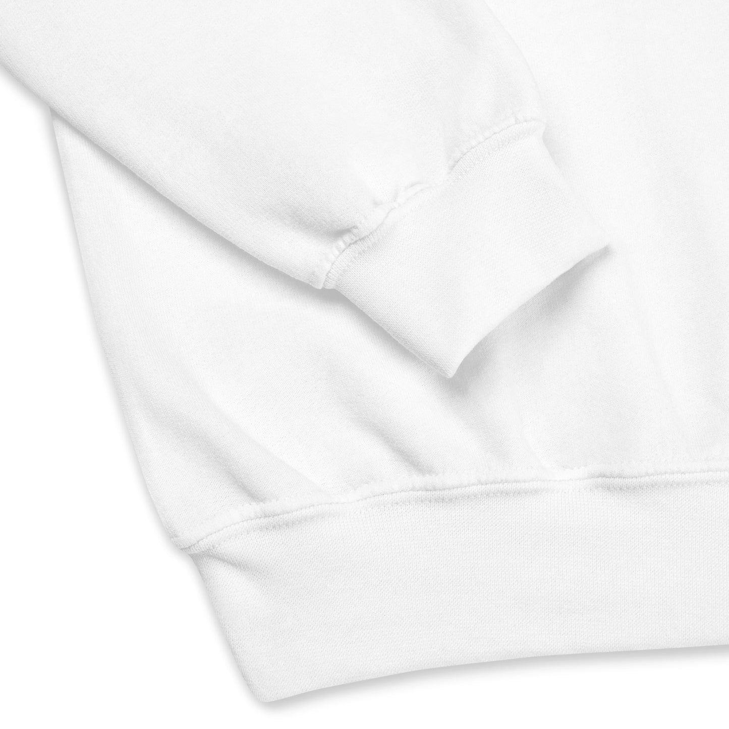 Close-up of white sweatshirt cuff and waistband – premium stitching and cozy cotton blend fabric