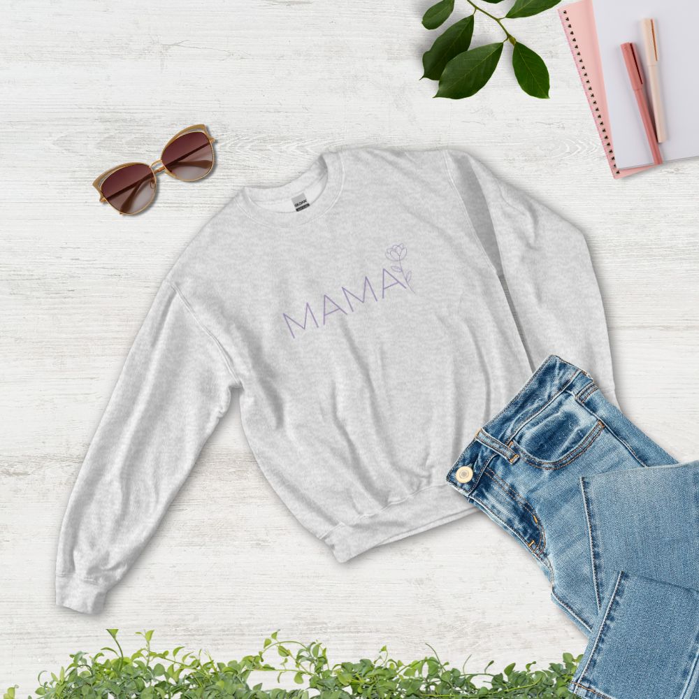 Flat lay of MAMA ash sweatshirt styled with jeans, sunglasses, and notebook – cozy and chic gift for moms