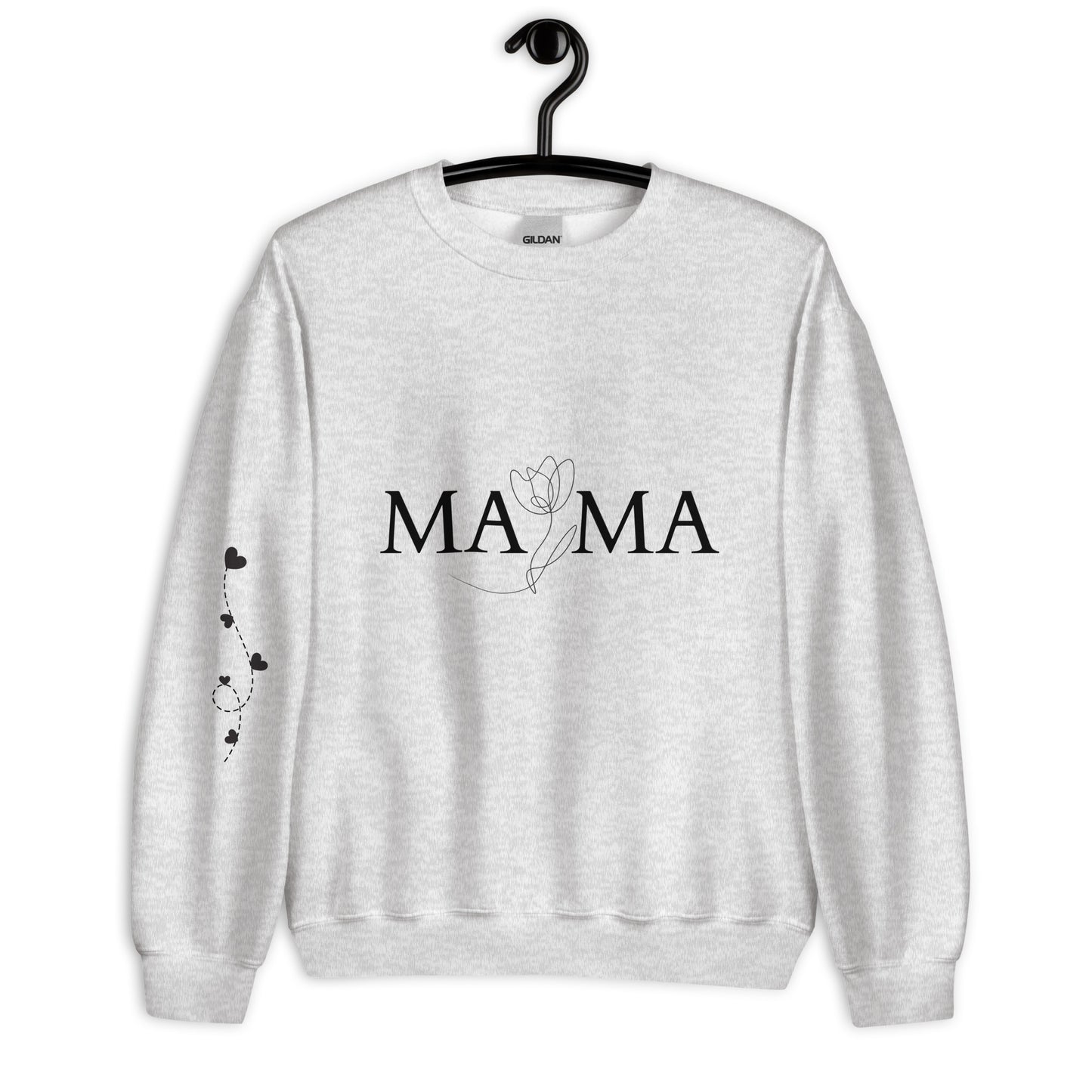 Ash gray MAMA sweatshirt on hanger – front view with floral typography and heart balloon sleeve design