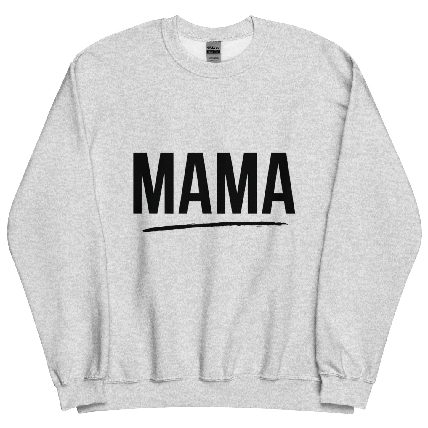 Gray crewneck sweatshirt with bold black “MAMA” text and underline – minimalist design perfect for modern moms