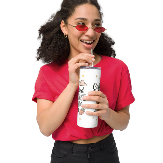 Smiling woman in red top drinking from white stainless steel tumbler with straw. Tumbler features Coffee & Sunshine design for moms.