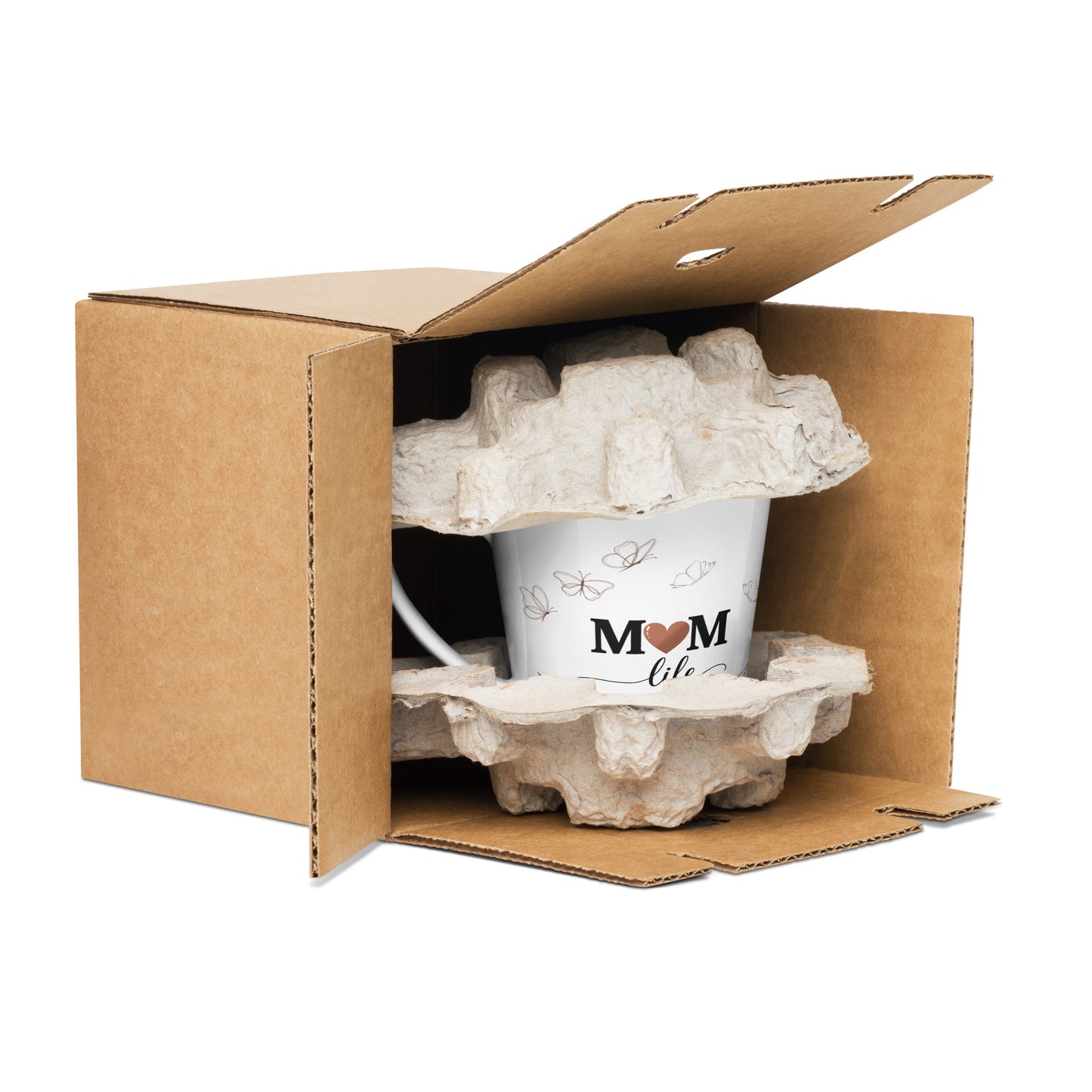 White 12 oz latte mug with 'Mom Life' design packaged in eco-friendly cardboard box